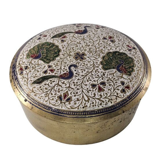 Vintage Brass Enamel Peacock Design Round Trinket Box - Picture 1 of 9
